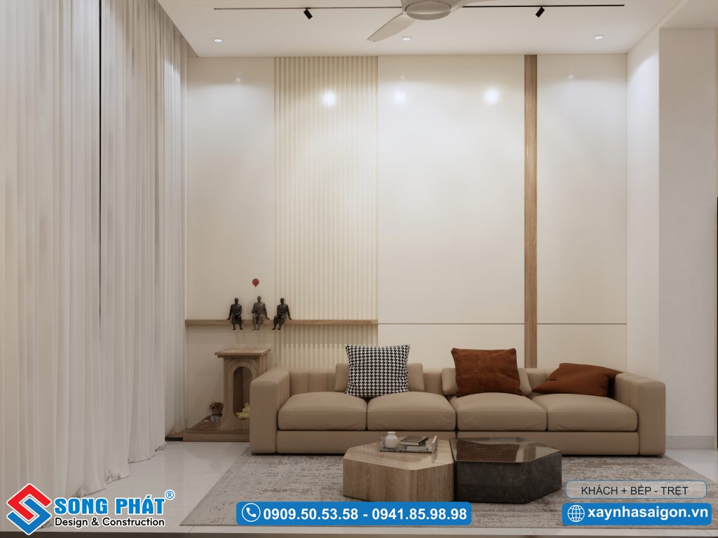 Không gian phòng khách ấm áp, hài hòa với tone màu be - nâu