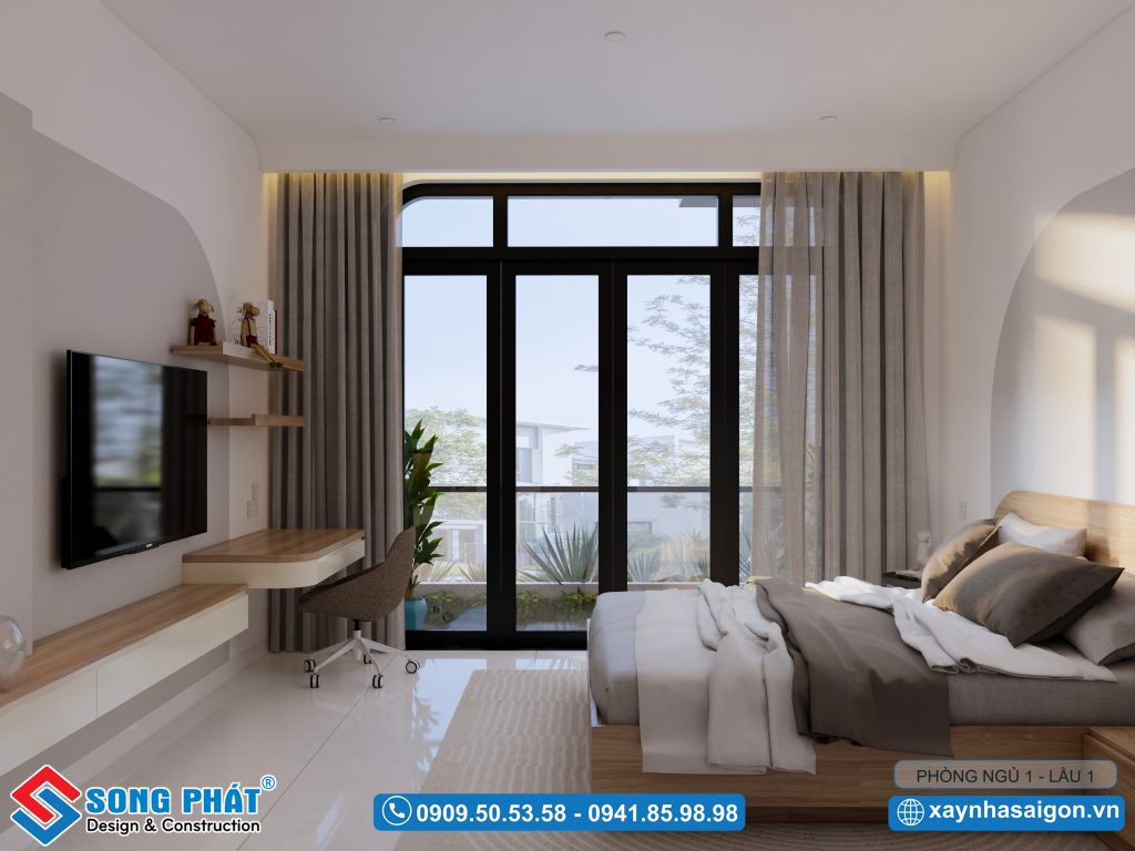 tương tự phòng ngủ Master 1, phòng ngủ cho con cũng được bố trí hệ cửa kính lớn