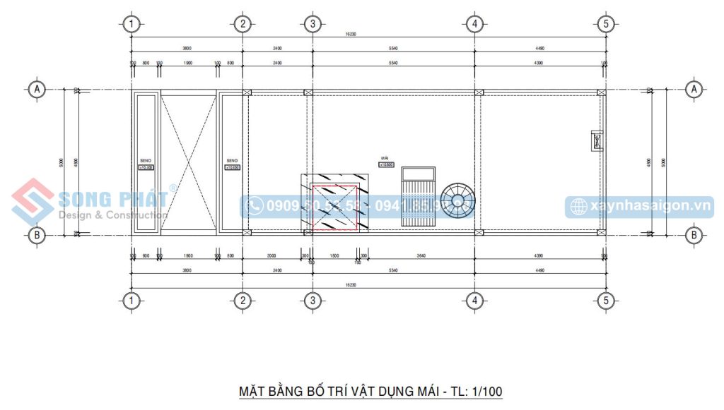 Mặt bằng bố trí vật dụng mái nhà phố 3 tầng 5x18m