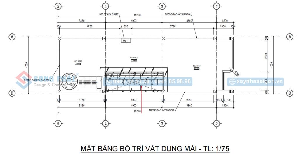 Mặt bằng bố trí vật dụng mái nhà phố trệt 2 lầu 4x14m5