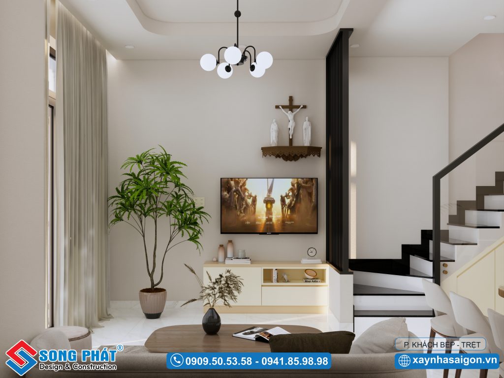 Không gian được bố trí các vật dụng ngắn nắp phù hợp với diện tích nhà