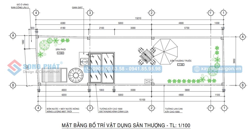 Mặt bằng bố trí vật dụng sân thượng nhà 4 tầng 4x15m