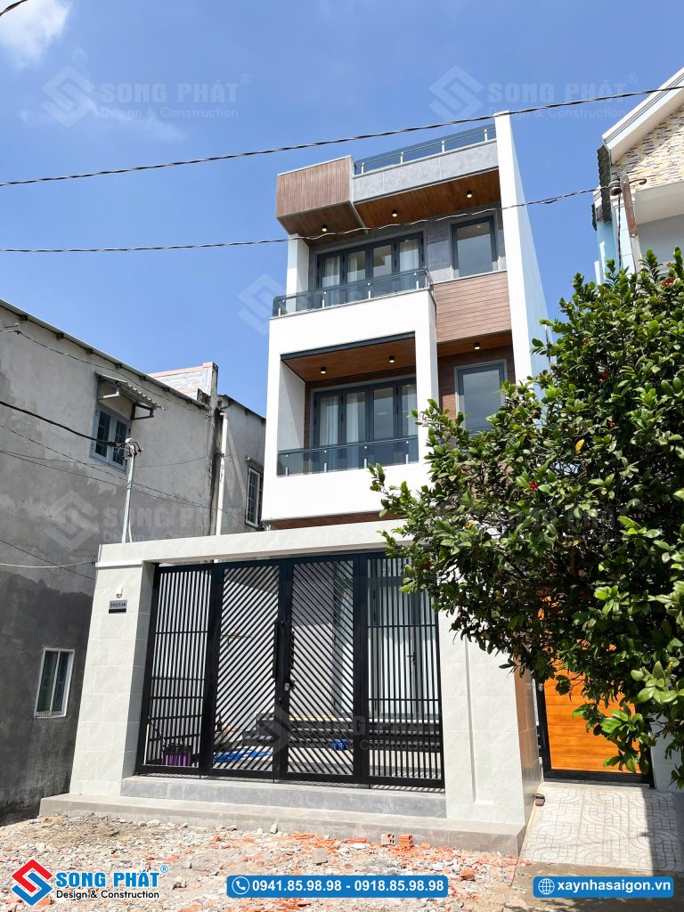 Hình khối đơn giản tạo nên nét hiện đại trong ngoại thất nhà 5x18m 5 phòng ngủ