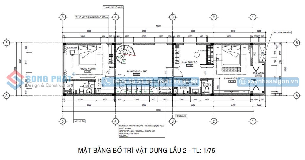 Mặt bằng bố trí vật dụng lầu 2