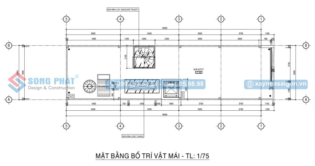 Mặt bằng bố trí vật dụng mái nhà 5x18m 5 phòng ngủ