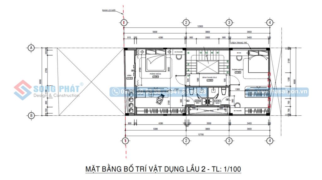 Mặt bằng bố trí vật dụng lầu 2