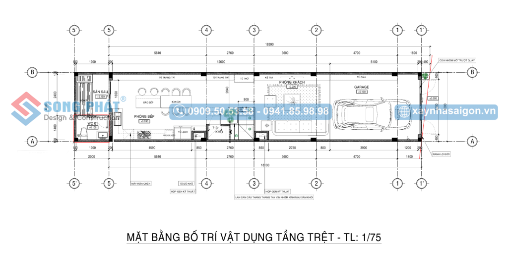 Tầng trệt thiết kế không gian mở tiện nghi cho gia đình