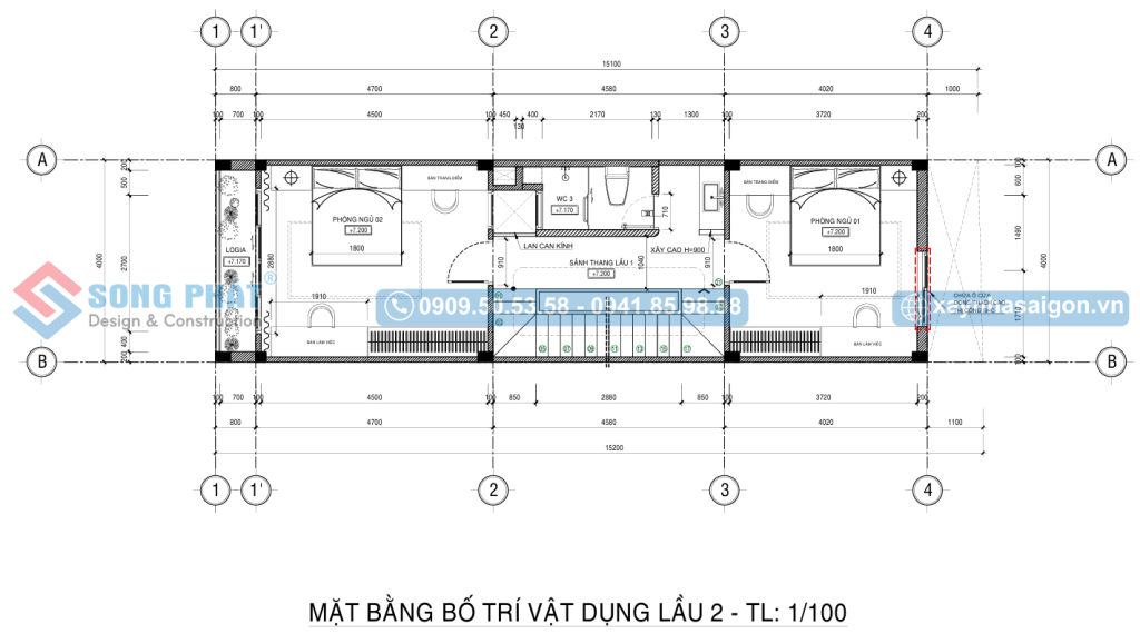 Mặt bằng công năng lầu 2 