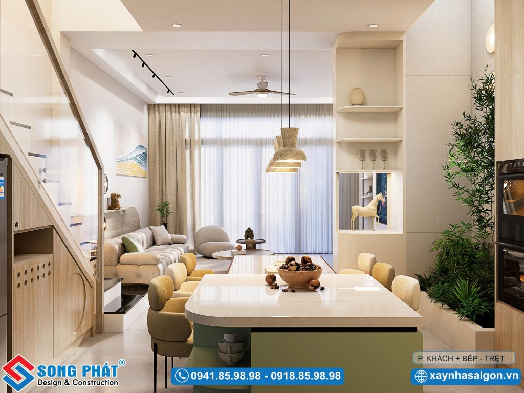 Không gian kết nối bởi phòng khách và bếp ăn tạo cảm giác thông thoáng