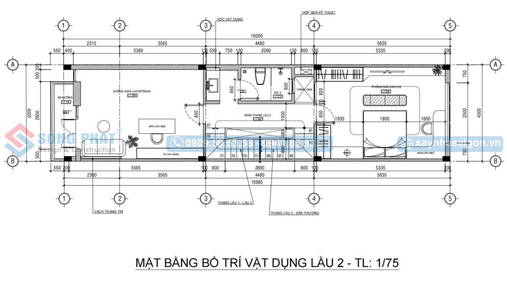 Mặt bằng bố trí vật dụng lầu 2