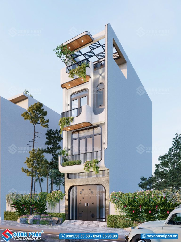 Mặt tiền nhà 1 trệt 2 lầu 4x13m điểm nhấn từ đường cong kiến trúc và không gian xanh tinh tế.