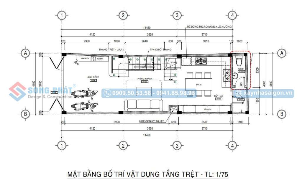Mặt bằng bố trí công năng tầng trệt