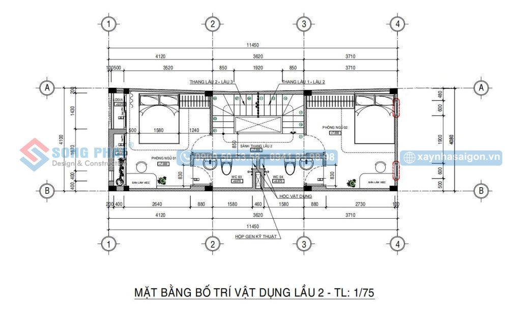 Mặt bằng bố trí công năng lầu 2