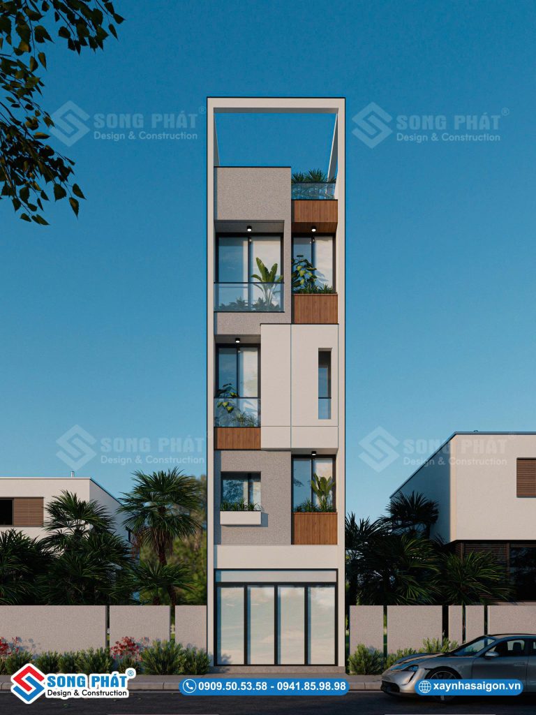 Tổng thể thiết kế mặt tiền độc đáo nhà phố 5 tầng 4x13m5 CĐT anh Cường