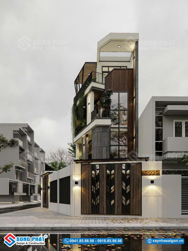 Thiết kế hiện đại, phối vật liệu hài hòa giúp ngôi nhà lô góc ghi điểm ngay từ ánh nhìn đầu tiên.