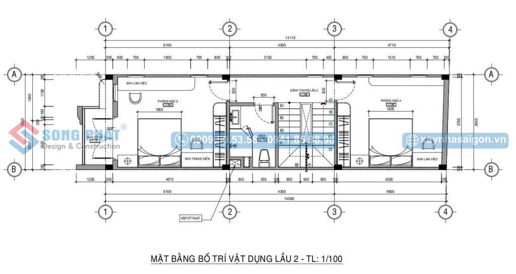 Mặt bằng bố trí vật dụng lầu 2