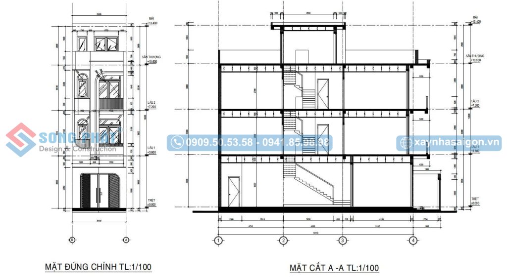 Mặt cắt nhà 2 mặt tiền 4x14m