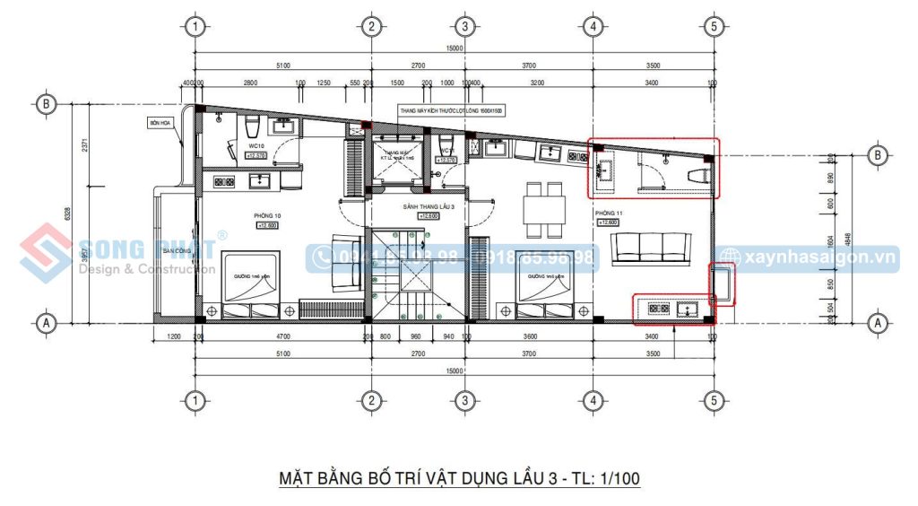 Mặt bằng bố trí vật dụng lầu 3