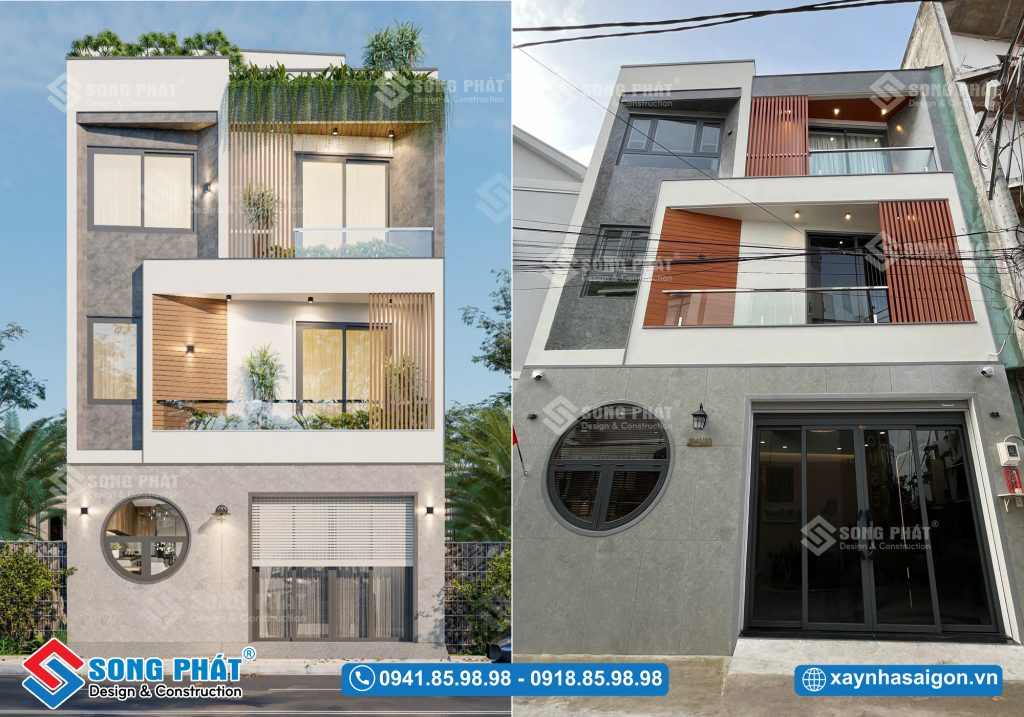 Mặt tiền hoàn thiện nhà chị Nhi giống với phối cảnh