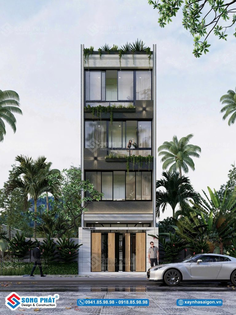 Phối cảnh nhà 1 trệt 3 lầu 5x16m hiện đại, sang trọng với đường nét vuông vức và ban công thoáng rộng.