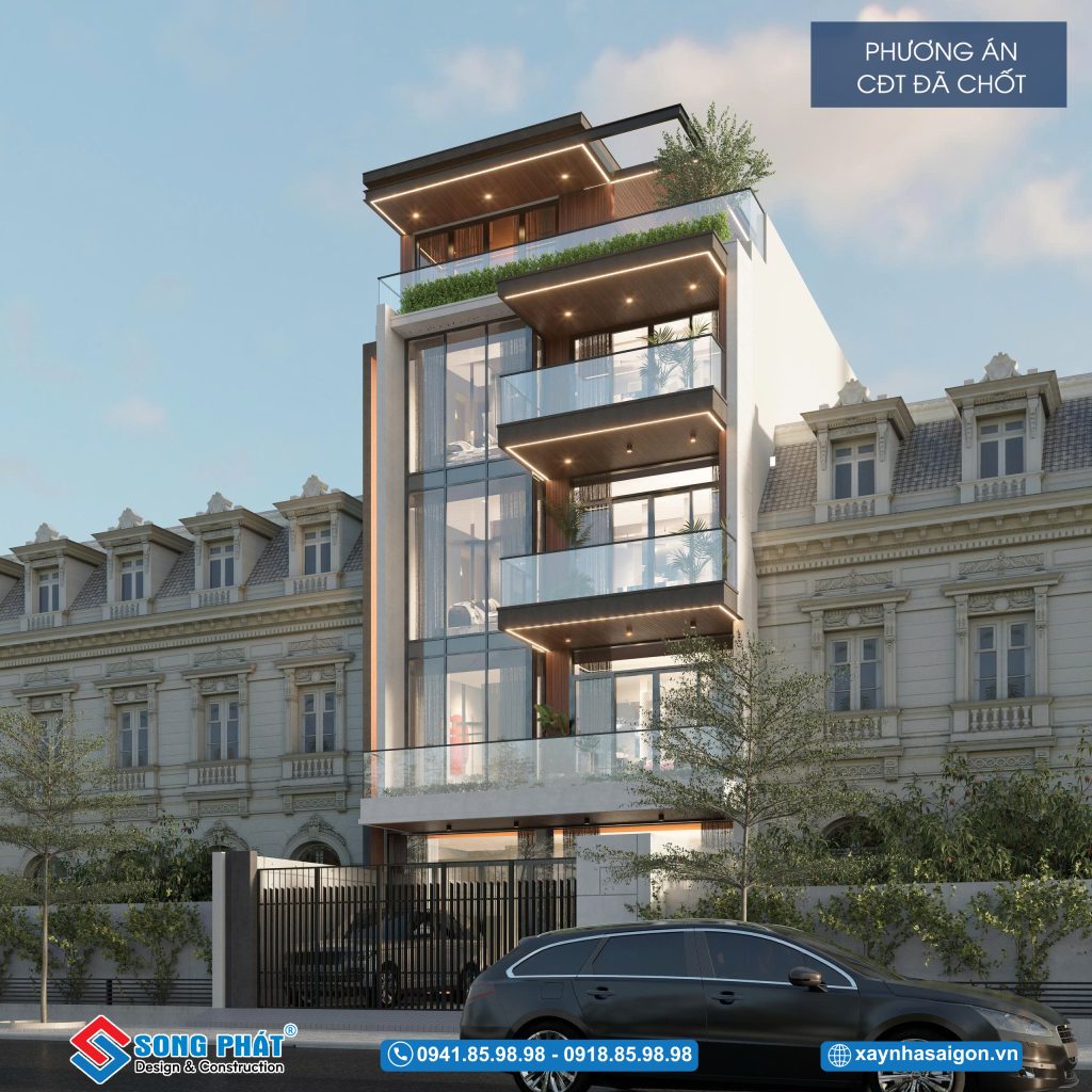 Góc nhìn nghiêng cho thấy sự tinh tế trong từng chi tiết và sự hòa quyện mượt mà giữa kiến trúc và không gian đô thị.