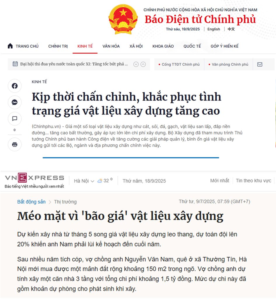 Hàng loạt các trang báo đưa tin về tình trạng giá vật liệu tăng cao 