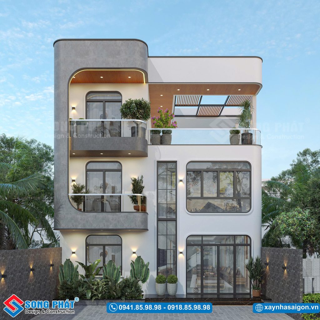 Phối cảnh ngoại thất nhà 3 tầng mặt tiền 10m hiện đại, nổi bật với thiết kế tinh tế và hài hòa.