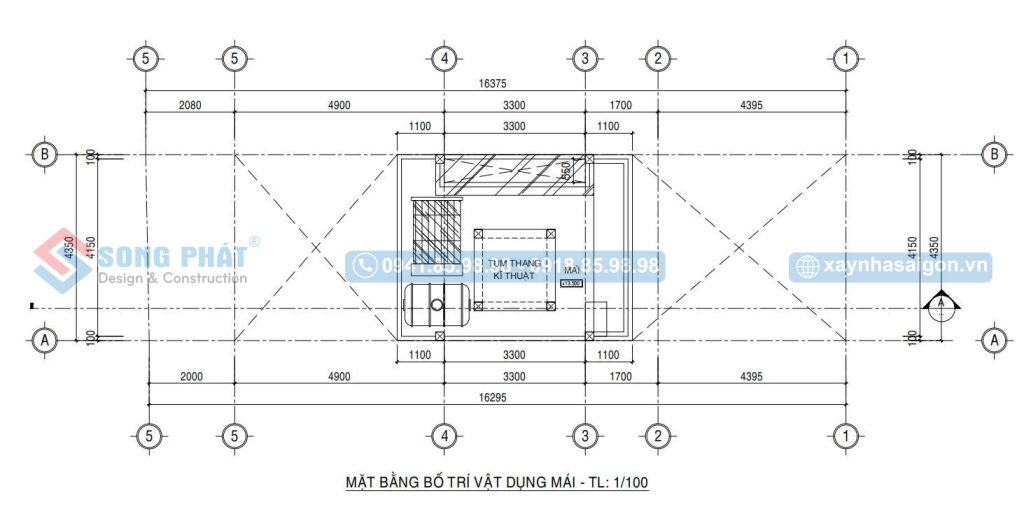 Mặt bằng bố trí vật dụng sàn mái nhà 1 trệt 3 lầu 4m4x16m