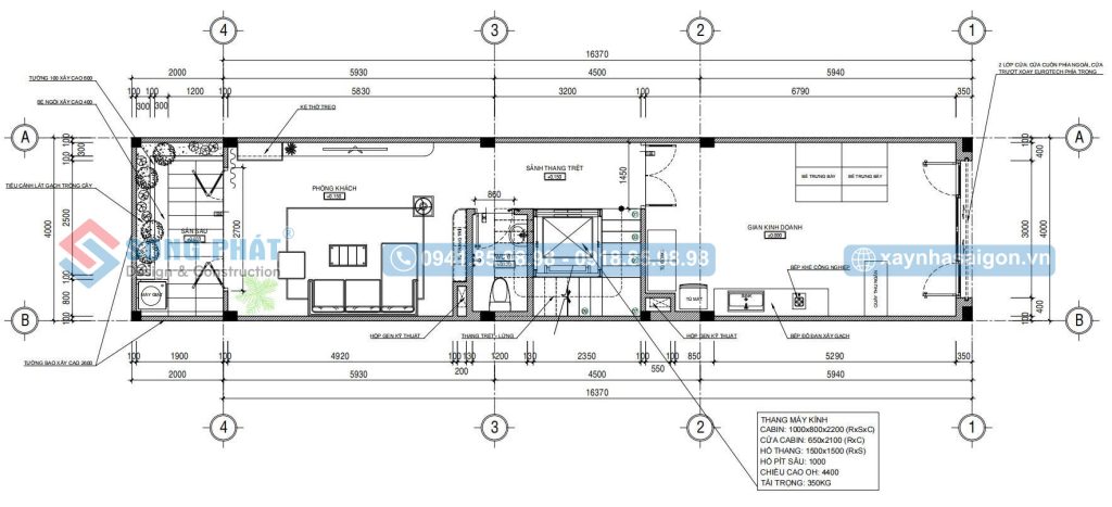 Mặt bằng bố trí vật dụng tầng trệt nhà 4x16m5 5 phòng ngủ