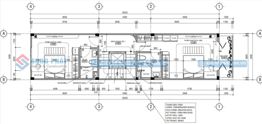 Mặt bằng bố trí vật dụng lầu 1 nhà 4x16m5 5 phòng ngủ