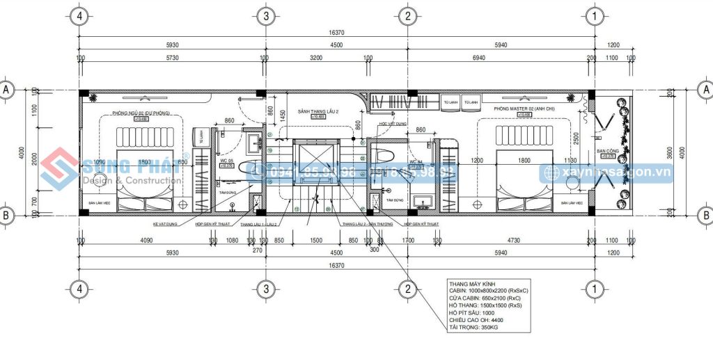 Mặt bằng bố trí vật dụng lầu 2 nhà 4x16m5 5 phòng ngủ