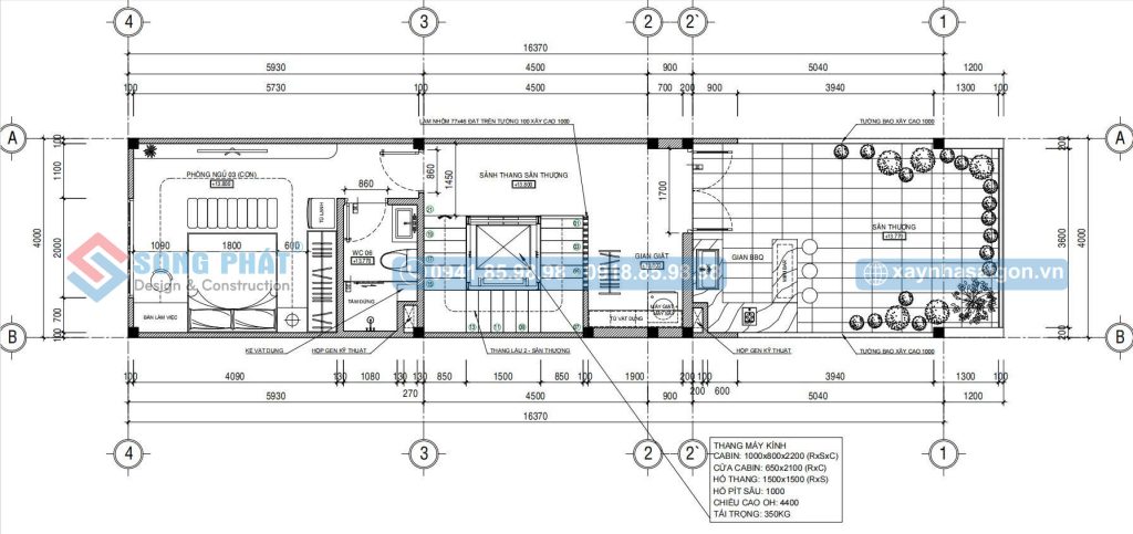 Mặt bằng bố trí vật dụng sân thượng nhà 4x16m5 5 phòng ngủ