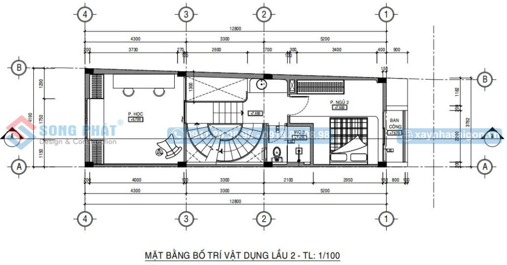 Mặt bằng bố trí vật dụng lầu 2