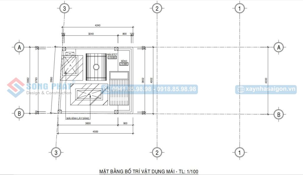 Mặt bằng mái BTCT của thiết kế nhà 6 tầng 4x11m