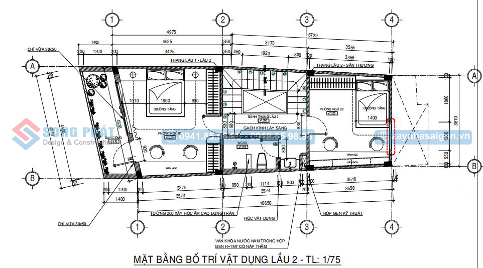 Mặt bằng bố trí vật dụng lầu 2