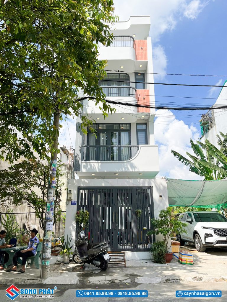 Hình khối đơn giản tạo nên nét hiện đại trong ngoại thất nhà 1 trệt 2 lầu sân thượng 4x16m