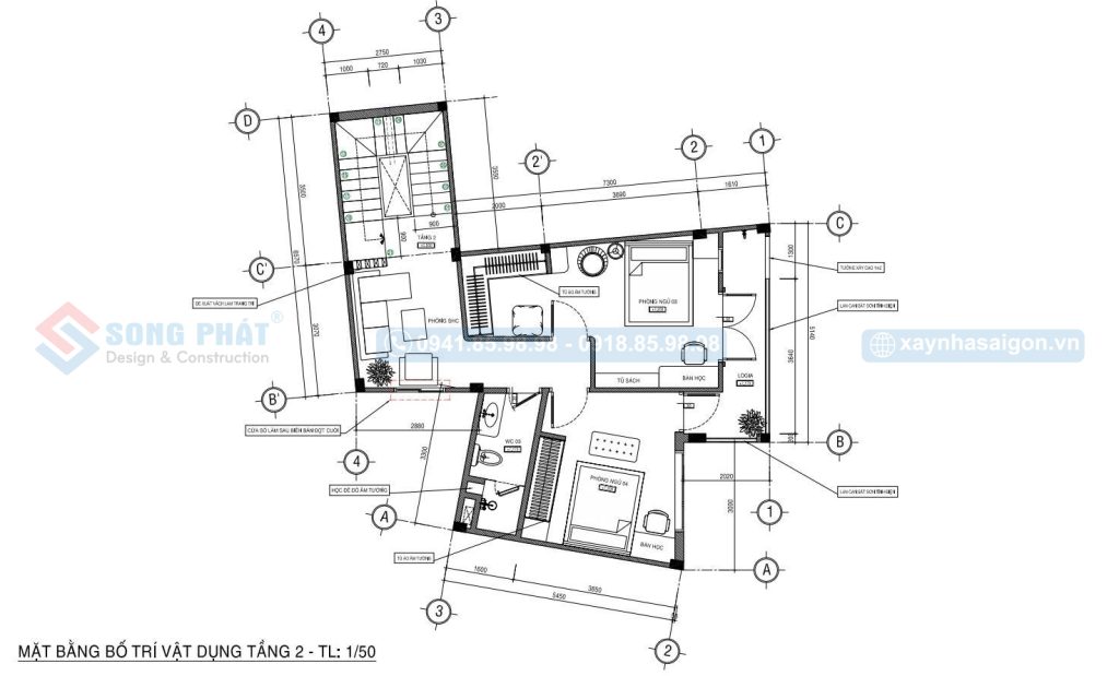 Mặt bằng bố trí vật dụng tầng 2