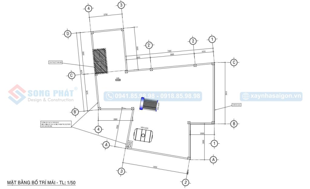 Mặt bằng bố trí vật dụng mái BTCT nhà 3 tầng 72m2