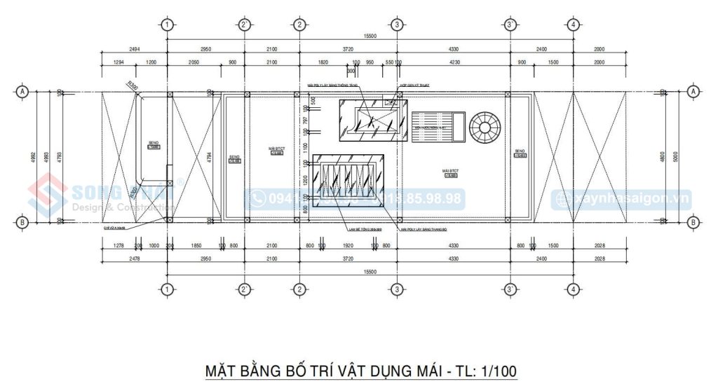 Mặt bằng bố trí vật dụng mái BTCT nhà phố 3 tầng 5x20m