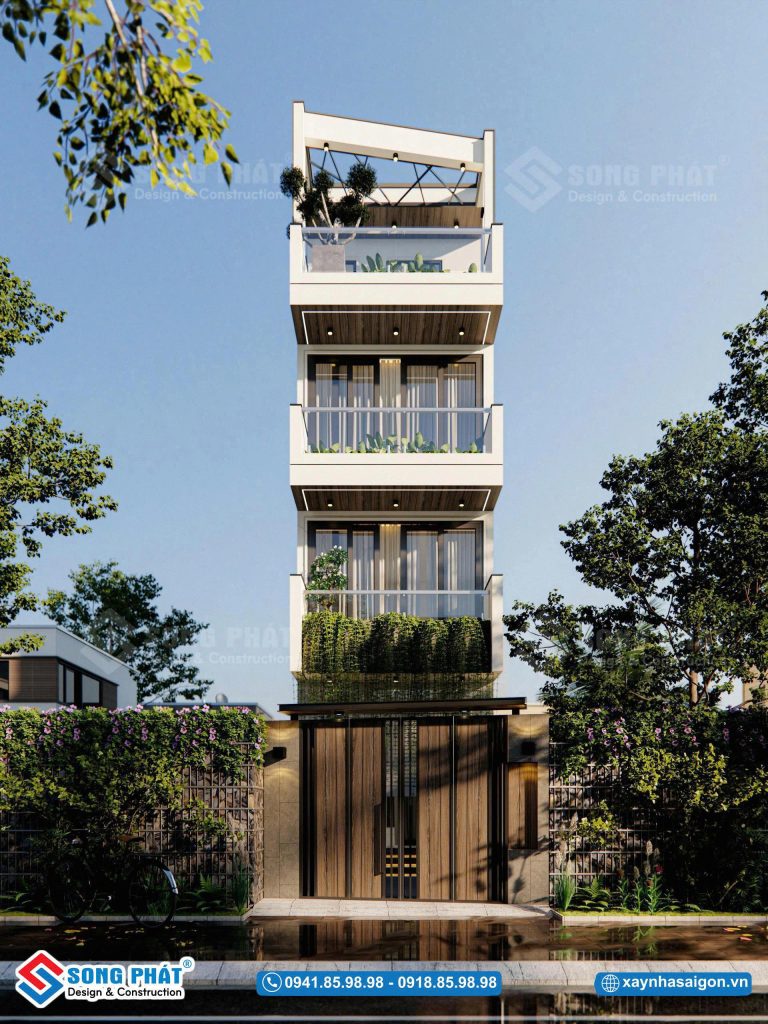 Phối cảnh mặt tiền nhà phố 4 tầng 4x23m với phong cách hiện đại và tinh tế.