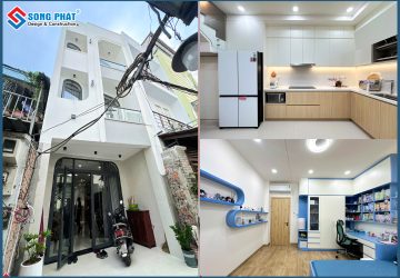 Tổng thể mặt tiền hiện đại, không gian bếp và phòng ngủ tone xanh.
