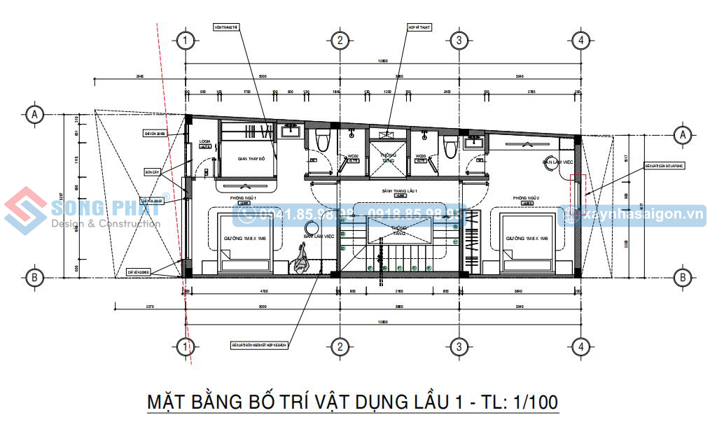 Mặt bằng bố trí vật dụng lầu 1