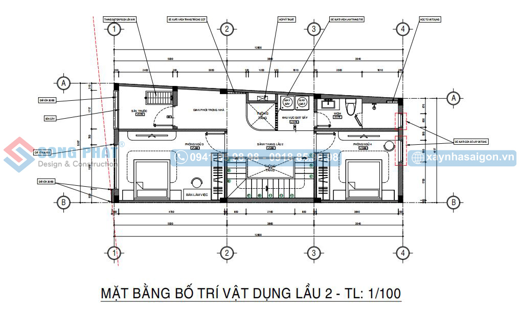 Mặt bằng bố trí vật dụng lầu 2