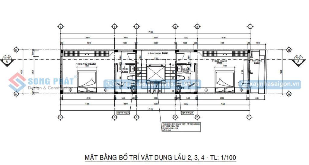 Mặt bằng bố trí vật dụng lầu 2,3,4