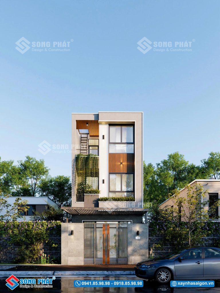 Mặt tiền nhà 1 trệt 2 lầu 5x17m với phong cách hiện đại và đường nét mạnh mẽ.