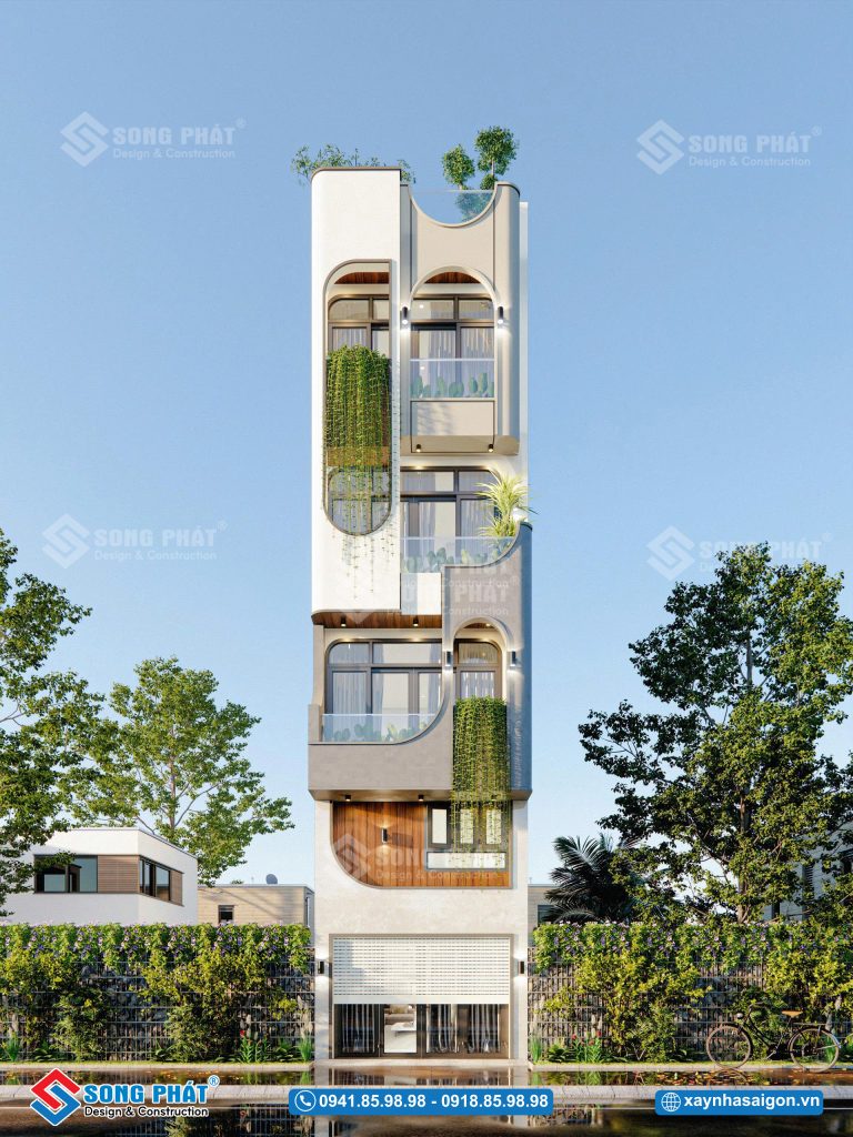 Nhà phố 5 tầng 4x13m5 với bố cục hiện đại, gọn gàng và cân đối.