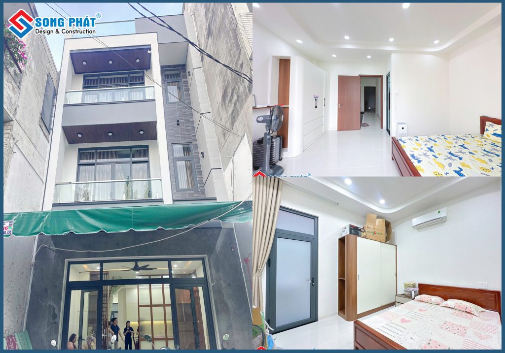 tổng hợp gồm mặt tiền ngôi nhà và các góc không gian phòng ngủ gọn gàng, bố trí nội thất đầy đủ tiện nghi.