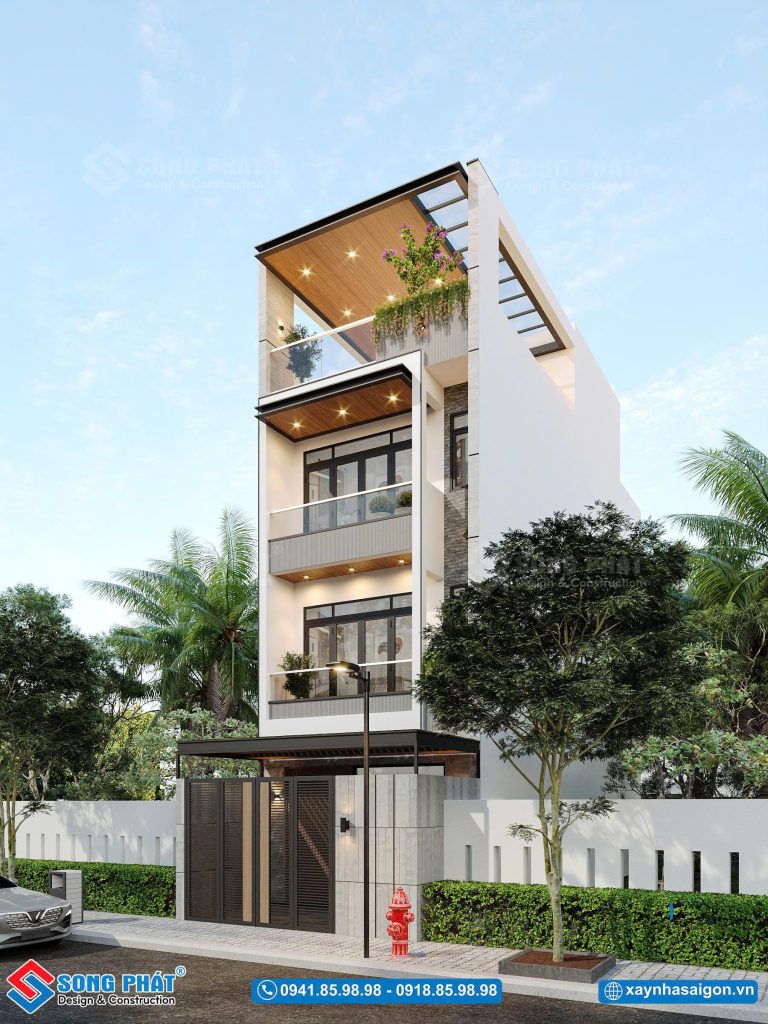 Góc nghiêng lộ rõ hình khối khỏe, lớp lam tạo chiều sâu, ban công thoáng đón sáng tự nhiên đầy tinh tế.