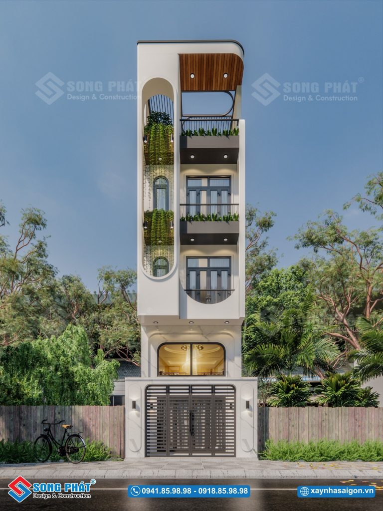 Phương án 3D mặt tiền nhà 5 tầng 4m4x12m6