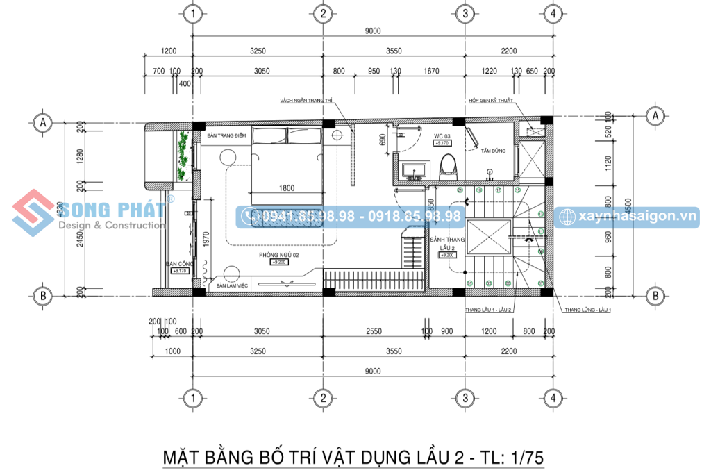Mặt bằng bố trí vật dụng lầu 2